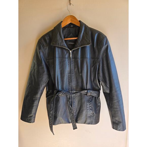 Women's Out Brook Black Leather Large Lined Zipper Belted Coat Jacket Pre-owned